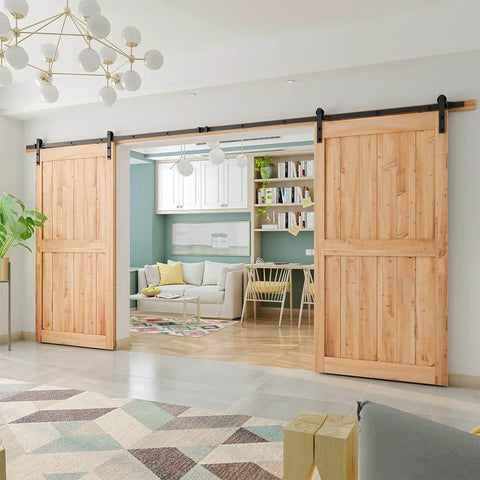 Heavy Duty Double Sliding Barn Door Hardware Kit, 15 Ft Track System With Quiet Nylon Rollers installed in living room.