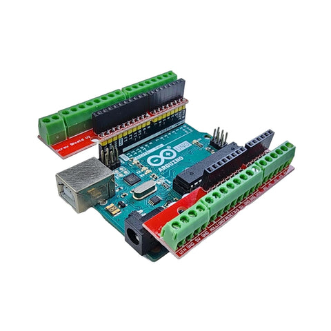 Screw Terminal Block Shield Kit For Arduino Uno R3 R4, Includes Terminal Block And Female Headers, Two Sets visible on board