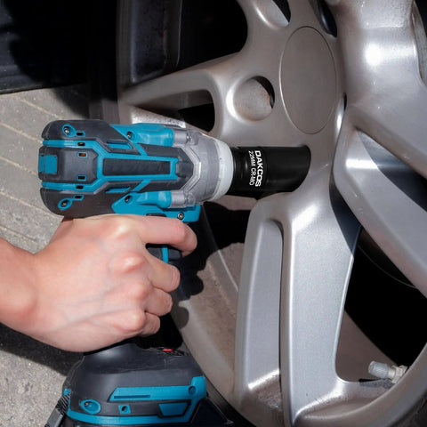 Person using 22mm Impact Lug Nut Socket For One Half Inch Drive With Protective Sleeve Chrome Molybdenum Alloy Steel Beefy Heavy Duty Construction Manganese Phosphate Finish Fully Heat Treated For Extra Durability Ideal For Truck And SUV Lug Nuts on wheel