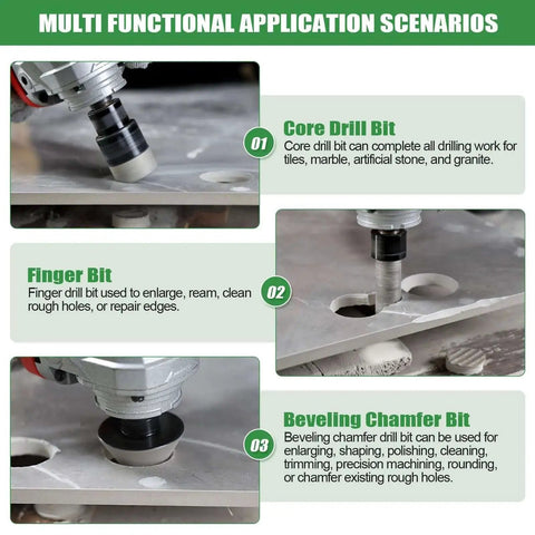 All In One Diamond Hole Saw Kit For Tile Ceramic And Granite With 11 Piece Diamond Core Drill Bit Set infographic showing core drill, finger bit, and chamfer bit in use.