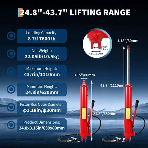 Diagram of 8 Ton Hydraulic Engine Hoist Cylinder with Clevis Base, showing dimensions and specifications for lifts
