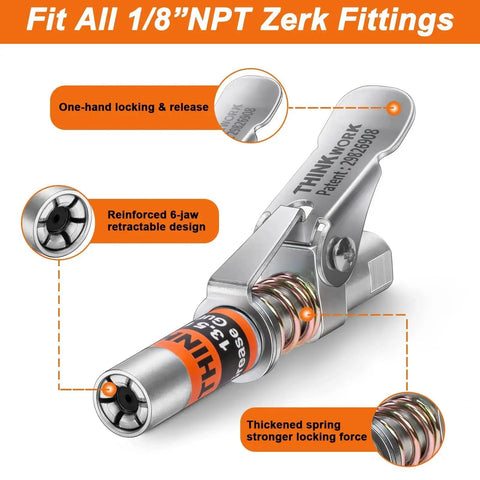 Powerful 0.53 Inch 90 Degree Grease Gun Coupler Set With Quick Release And 12 Inch Flex Hose Strong Lock On Design 12000 PSI Fits All Grease Guns One Eighth NPT Ideal For Tight Spaces And Heavy Duty Shop Use.