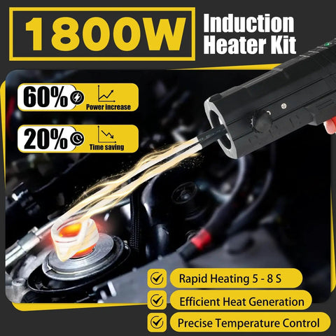 Close-up of Induction Heater Kit 1800W heating coil in use, showing rapid bolt heating for bolt removal and rusty screw loosening.