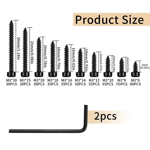 M3 Stainless Steel Hex Socket Cap Screws Kit 480 Pcs Self Tapping Wood Screws Assortment Set with sizes from 6mm to 30mm