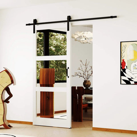 30 Inch By 84 Inch Mirrored Barn Door Set With 3 Lite Mirror Panels installed on white wall with open view