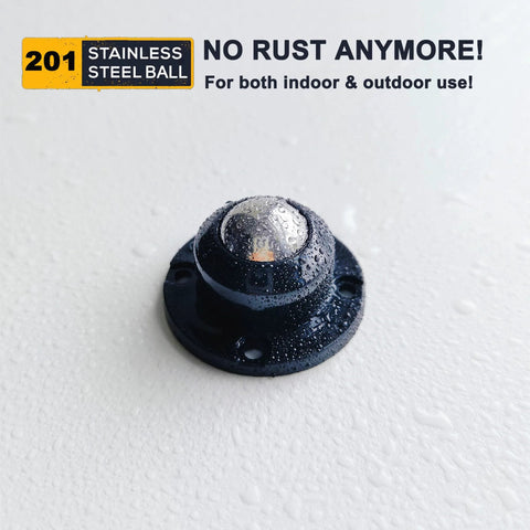 Stainless steel ball caster wheel with black round base and two mounting holes for furniture or appliances.