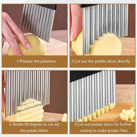 One Piece Crinkle Cutter And French Fry Cutter For Potatoes And Vegetables Stainless Steel Wavy Slicer in action on potatoes