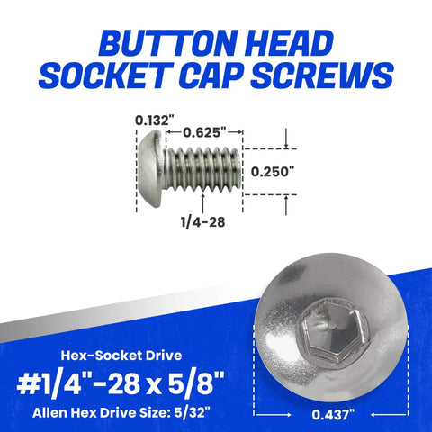 Button Head Socket Cap Screws 1/4-28 x 5/8 Stainless Steel 18-8 Full Thread Bright Plain Finish Corrosion Resistant Machine Thread Allen Socket Drive 25 Pack