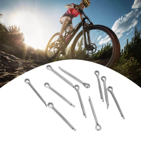 Stainless Steel Cotter Pins For Bike Brake Pads 10 Piece Set heavy duty hairpin clips displayed with a mountain biker