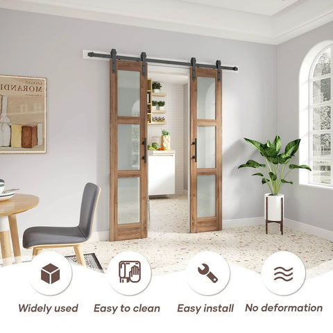 Double 18 By 84 Inch Glass Barn Doors With 36 Inch Opening, 6.6 Ft Beefed-Up Hardware Kit And Handle Included, installed view