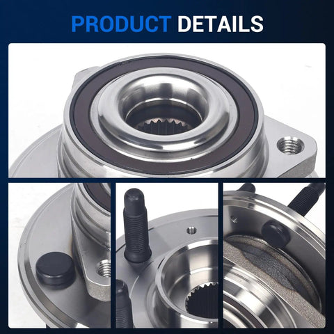 Close-up views of Pair Front And Rear Wheel Bearing Hub Assemblies With ABS Fit For 2010 2020 Chevy Impala Malibu Equinox.