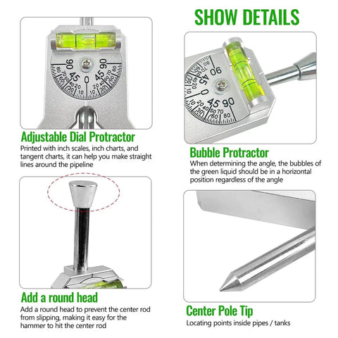 Image of the Upgraded Pipe Center Finder Tool with detailed adjustable dial protractor, bubble protractor, round head, and center pole tip for marking and positioning on pipes.