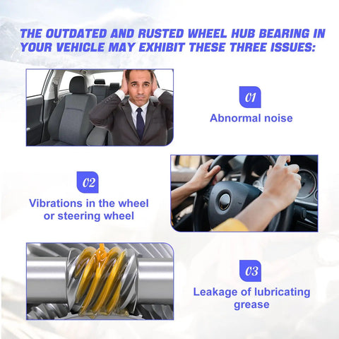Illustration highlighting issues with outdated wheel hub bearings: abnormal noise, steering wheel vibrations, lubricating grease leakage.
