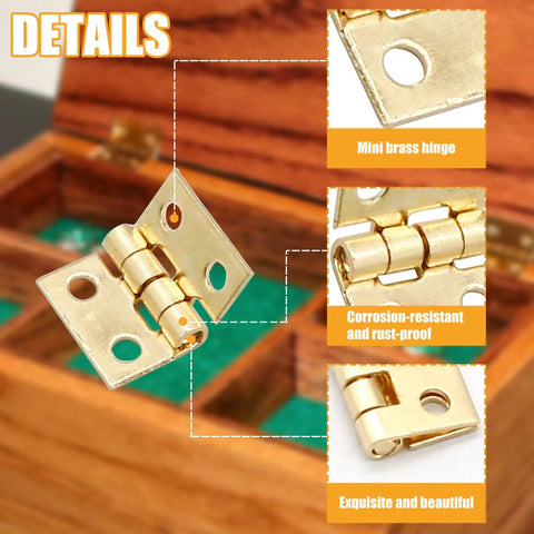 Close-up of 24 Pack Mini Brass Hinges 180 Degree Rotation For Jewelry Box Cabinet DIY Projects With Mounting Nails, golden finish.