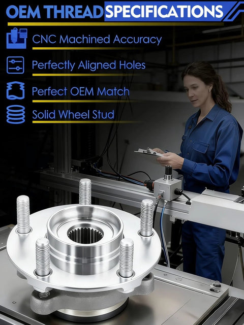 Front Wheel Bearing Hub Assembly Fits Audi A3 Quattro TT Q3 And VW Group Cars 5 Lug With ABS, shown on CNC machine in factory setting