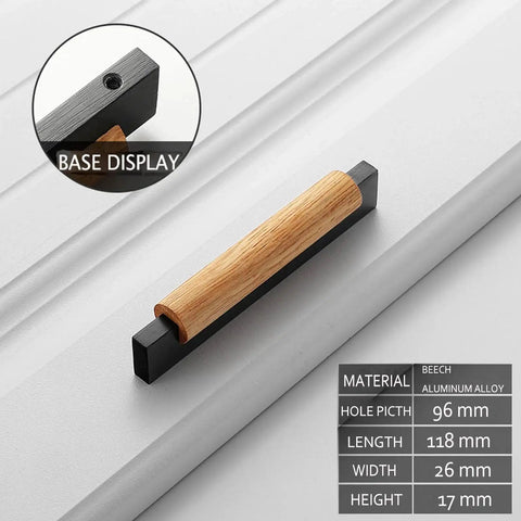 Black Wood Cabinet Handles With Aluminum Base For Cabinets And Dressers, shown installed with material and size details overlay.