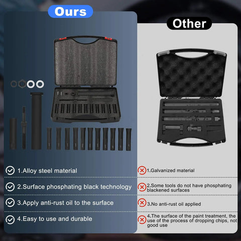 18 Piece Inline Dowel Pin Puller Master Set With SAE And Metric Collets Alloy Steel Construction in open case comparison