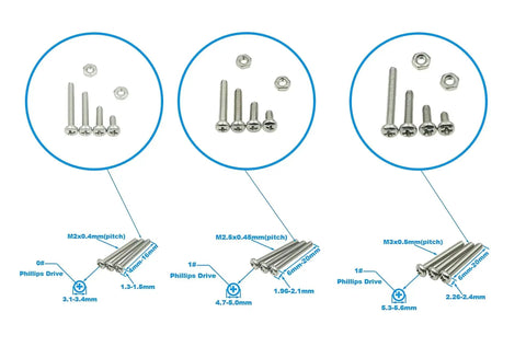 All In One Stainless Steel Phillips Pan Head Machine Screws And Hex Nuts Assortment Kit In Metric M2 M2.5 M3 Sizes diagram