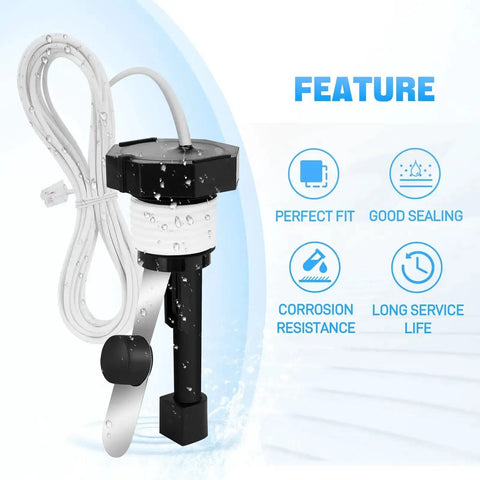 Upgraded GLX-FLO-RP Pool Flow Switch Assembly with 15 ft cable and metal probe for Hayward Goldline Aqua Rite systems, feature icons