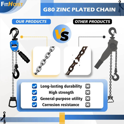 Comparison of Mini Chain Hoist Quarter Ton Lift Capacity 550 Lbs With 10 Ft Lift Alloy Steel G80 Chain and competing products