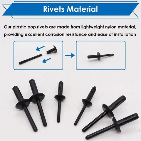 Close-up of nylon rivets from Must Have 42 Piece Plastic Rivet Gun Kit With 40 Nylon Rivets In Four Sizes And A Rivet Removal Tool.