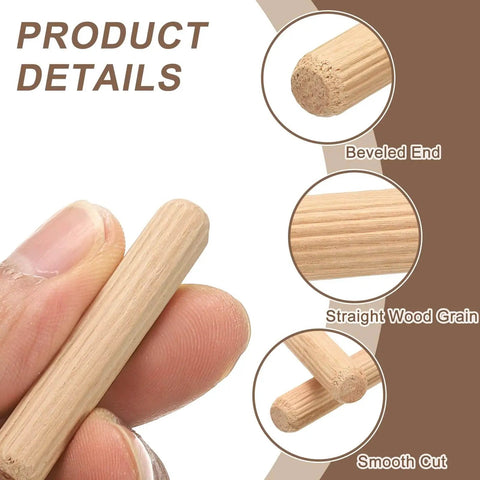 Close-up of Wooden Dowel Pins Three Sixteenths Inch By Thirteen Sixteenths Inch Straight Fluted Dowels For Crafts Furniture And Diy Projects In Hardwood 5mm By 20mm Pack Of 100 Dowels For Quick Solid Joints showing wood grain and beveled end.