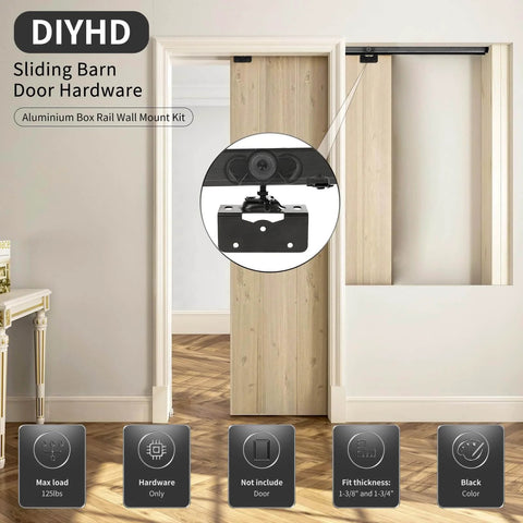 72 Inch Aluminum Pocket Door Track Kit For Ceiling Mount Box Rail Sliding Hardware Pro Grade Heavy Duty Hangers With Three Wheel Ball Bearing Smooth Quiet Operation Fits Doors One And Three Eighths To One And Three Quarters Inches And Max Width Thirty displayed in an interior setting