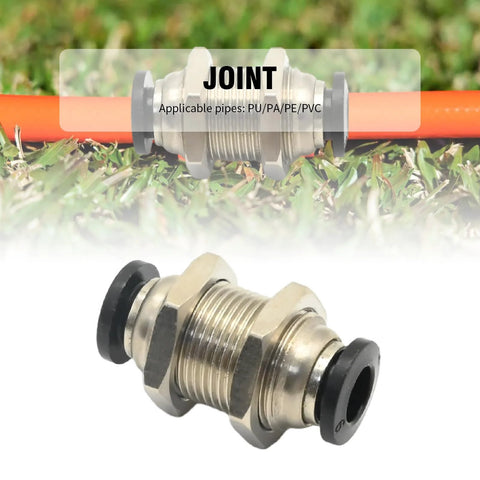 Bulkhead union fitting, 6mm x 6mm tube OD, metal body with black rubber seals.