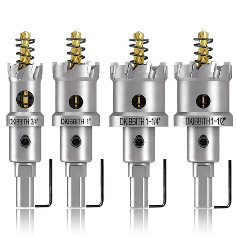Front view of Workhorse 4 Piece Tungsten Carbide TCT Hole Saw Drill Bit Set With Sizes Three Quarters Inch, One Inch, One And A Quarter Inch, And Half Inch For Stainless Steel, Hard Metal, Plastic And Wood, 1 Inch Cut Depth, Detachable Pilot Bits And Allen Wrench.