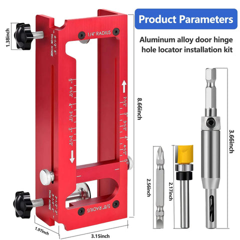 Front view of Pro Grade Aluminum Door Hinge Jig Kit For Router Use Adjustable Mortise Template for 2.5 to 5 inch hinges.