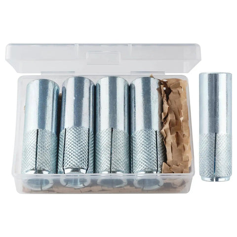 Ten-Piece Drop-In Anchors 5/8-11 Zinc-Plated For Concrete shown in plastic box