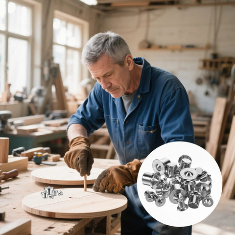 Woodworker using 20 Piece Dowel And Tenon Center Pins Set For Woodworking Transfer Dowel Centering Plugs in workshop, close-up inset of pins.