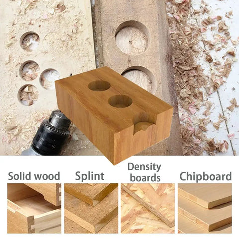 Pro Grade Carbide Tipped Forstner Drill Bit Set For Hardwood 10 Piece Woodworking Hole Saw Kit, showing drilled holes in various woods.