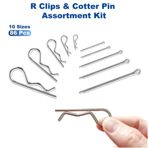 Assorted sizes of 86 Piece Cotter Pin And R Clip Kit In Stainless Steel With 10 Sizes For Heavy Duty Hitch Pin Lock Systems Lawn Mowers And Tractors Includes M3x60mm M2.5x50mm M2x45mm M1.8x35mm M1.2x21mm R Clips And Straight Pins By LBYNKY displayed