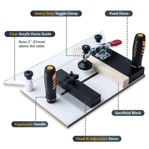 Pro Grade Rail Coping Sled For Router Tables And Jigs with adjustable clamps, sacrificial block, and acrylic fence guide.