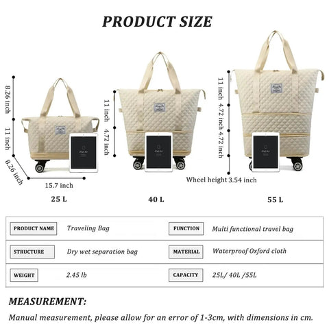 Rolling Duffle Bag With Wheels expandable from 25L to 55L, waterproof Oxford cloth, with detached rolling wheels and reinforced handle.