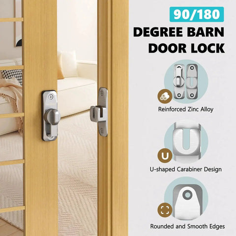 Sliding Barn Door Lock And Latch Hardware In Zinc Alloy Small Flip Door Lock For Closet Bathroom Cabinet Garden And Shed 90 And 180 Degree Latch Anti Corrosion Silver Finish 1 Pack installed on wooden door.