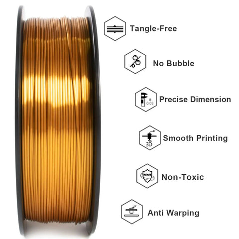 Side view of Premium Metallic Gold Silk PLA Filament 1.75mm For 3D Printers 1kg Spool with features listed