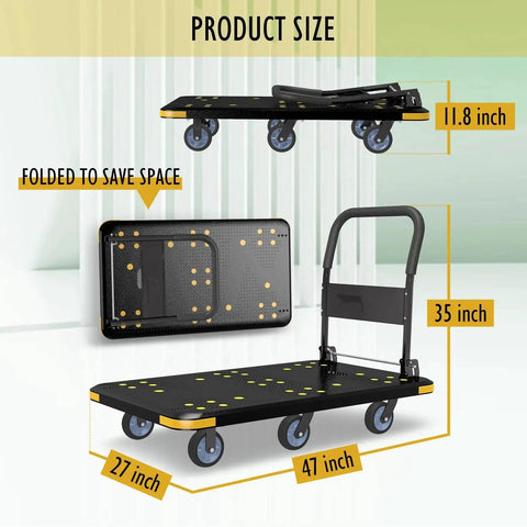 Heavy Duty Foldable Platform Cart With Six Wheels And 2000 Pound Capacity, shown folded and open, dimensions highlighted.