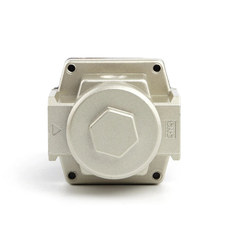 SNS air compressor pressure regulator with square metal body, large round adjustment knob, silver finish, front view with mounting holes