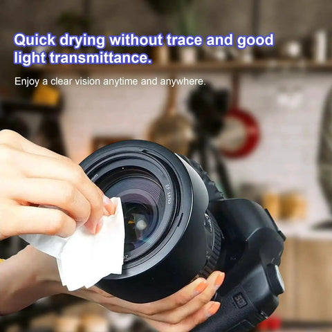 Cleaning camera lens with Pre Wet Lens Wipes For Eyeglasses And Camera Lenses Screens Packaged 200 Pcs.