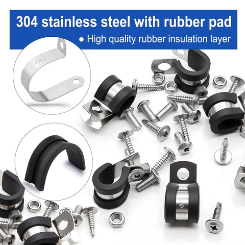 Taiss 222PCS stainless steel cable clamps set with rubber cushions, 10 sizes 1/4 to 1-3/4 inches, two screw types