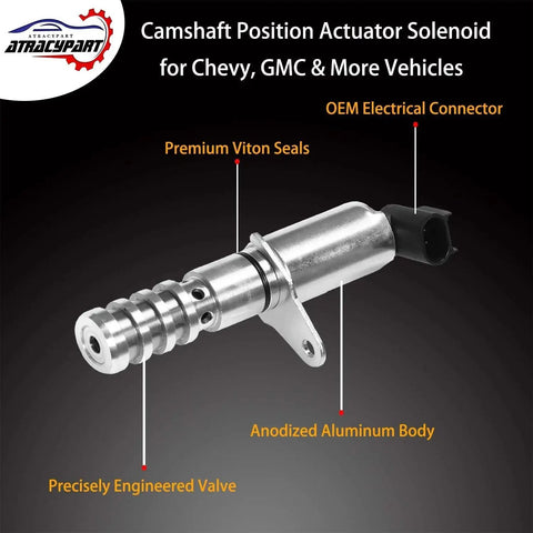 Camshaft Position Actuator Solenoid Replacement For Chevy Trailblazer, Colorado, GMC Envoy, anodized aluminum body, close-up view.
