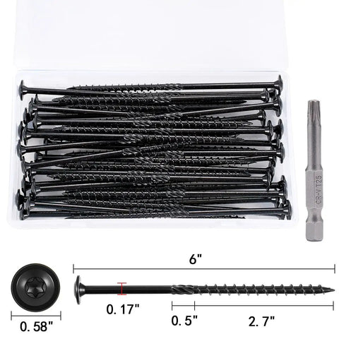 Heavy Duty 6 Inch Size 14 Lag Screws For Exterior Wood With Washer Head, Rust Resistant And Self Drilling Tips, Serrated Threads, 50 Piece Set With T30 Torx Bit Included, Built For Decks Fences And Timber Projects Tough As Nails