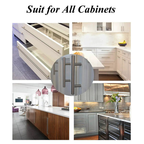 Installed 25 Pack Solid Stainless Steel Cabinet Pulls Satin Nickel Euro Style T Bar on various kitchen cabinets