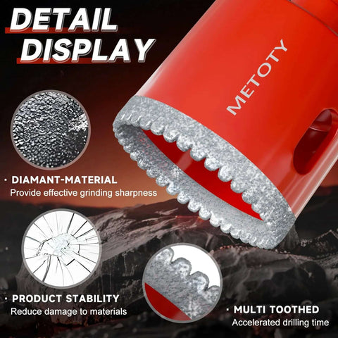 Close-up of Pro Grade Diamond Hole Saw Drill Bit Set 15 Pc for Ceramic Glass Tile Marble Granite, dry and wet dual use.