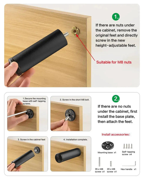Installing 4 Pack 6 Inch Metal Cylinder Furniture Legs With M8 Screws Black Finish on wooden cabinet