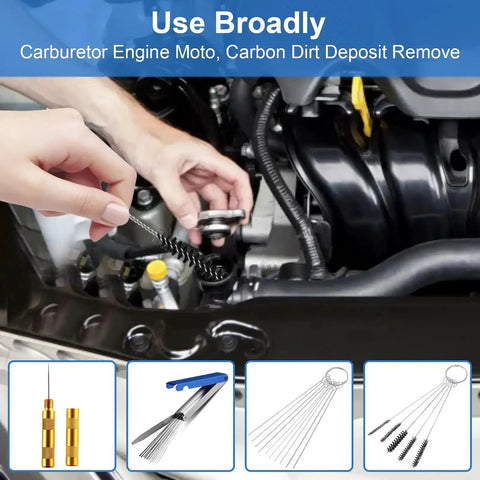 Person cleaning carburetor with Carburetor Cleaning Kit Pro Grade All In One With Torch Tip Cleaner Stainless Steel Tools.