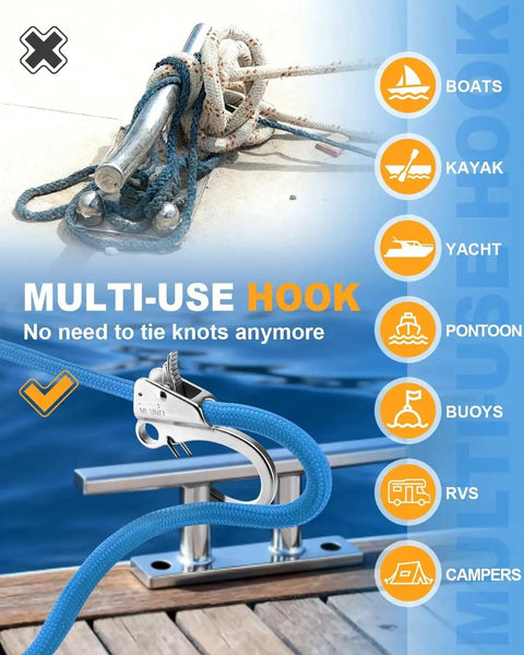 Knotless Adjustable Sliding Boat Anchor Hook with Quick Release Marine Line Clip, stainless steel on boat deck for securing lines.