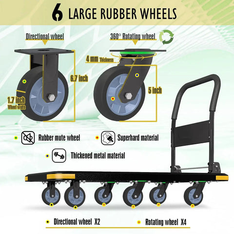 Diagram of Heavy Duty Foldable Platform Cart With Six Wheels And 2000 Pound Capacity showcasing large rubber wheels and handle.